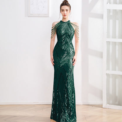 2025 High-end evening dress dress female fishtail champagne high-end texture celebrity fairy banquet temperament light luxury niche host