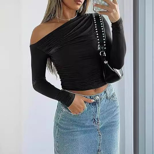 jinran men’s fall fashion 2024 T-shirt Women's Hot Girl Long-Sleeved Bottoming Shirt Casual Shoulder Top Slim-Fit off-Neck Women's Clothing