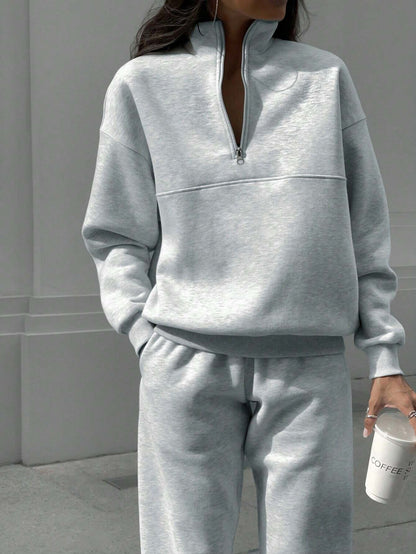 2025 Popular, ,  New autumn and winter new fashion zipper lapel solid color casual two-piece set