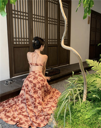 2025 Holiday style  temperament sexy backless tube top neck dress beautiful romantic retro wear floral dress