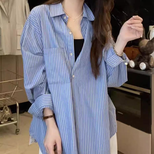 Blue striped long-sleeved shirt jacket women's new popular spring and summer Korean lazy loose top in 2025
