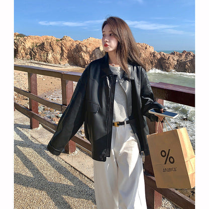 jinran 2000s fashion Black PU Leather Coat for Women Spring and Autumn 2024 New Korean Hong Kong Style Chic Retro Fried Street High-Grade