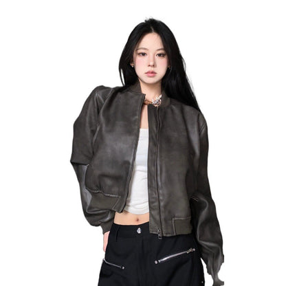 jinran bomber jacket American High Street Personalized Short Pu Leather Jacket Women's Spring and Autumn New Maillard Motorcycle Jacket Fashion