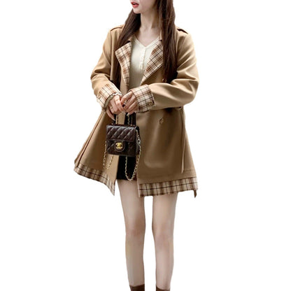 jinran 2024 fall fashion trends Maple Candy Girl Khaki Trench Coat Female 2024 Autumn Plaid Stitching Coat Small Versatile Mid-Length Trench Coat