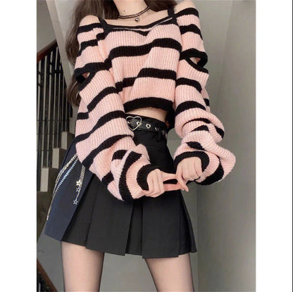 jinran outfit  New Style Fried Street Beautiful Sweater Women's Niche Design Contrast Color Striped Knitted Top