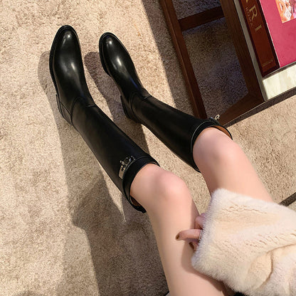 2025 Cowhide version~ Grape mother same 2025 autumn and winter new pointed thick heel knight boots commuting medium and high boots women