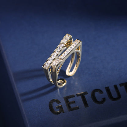 2025 Opening adjustable zircon ring color retention electroplating fashion women's ring creative design sense parallel staggered personality index finger ring