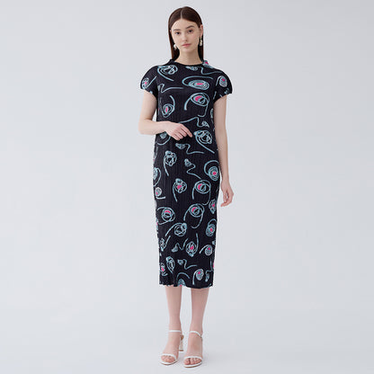 2025 summer new Miyake circle printing temperament high-waisted dress slim-fitting pleated semi-turtleneck A-shaped skirt