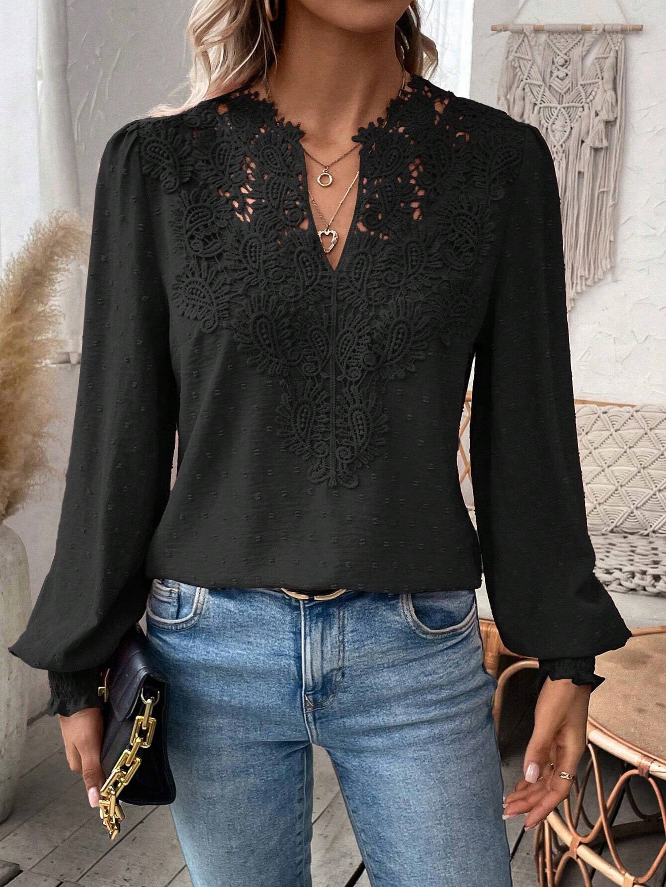 2025 Popular, ,  New autumn and winter new fashion V-neck lace solid color long-sleeved casual T women's top