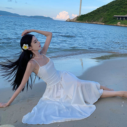 2025 Holiday seaside beach dress sexy halter satin chic design straps suspender dress high-end long dress