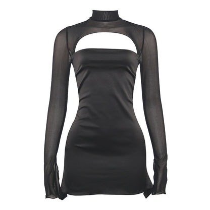 jinran concert outfit ideas Autumn New Pure Color Mesh Stitching round Neck Long Sleeve Sexy Slim Fit Dress