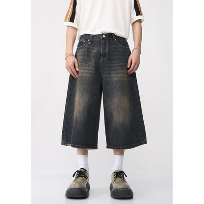 jinran  Summer New Arrivals Korean Loose Wide-leg Retro Distressed Flared Cropped Pants