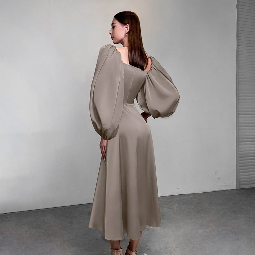 2025 Spring  New sexy temperament party evening dress fashionable satin satin square neck bubble sleeve dress