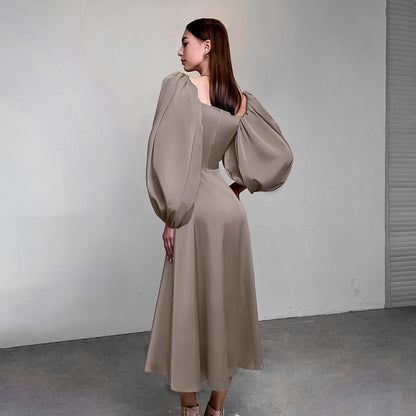 2025 Spring  New sexy temperament party evening dress fashionable satin satin square neck bubble sleeve dress