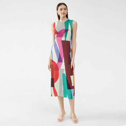 2025 summer new geometric printing and dyeing sleeveless slim dress women's long simple versatile and thin a-shaped skirt