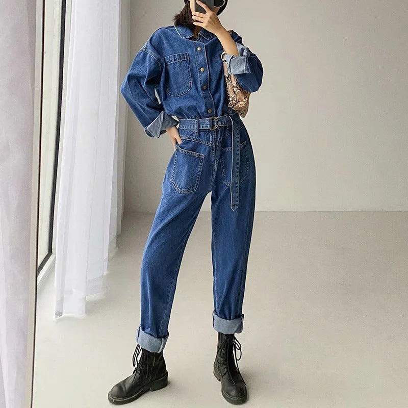 jinran black men fashion urban Casual Jumpsuit Women's Ins Style Fashion Spring Women's Long-Sleeved One-Piece Jeans New