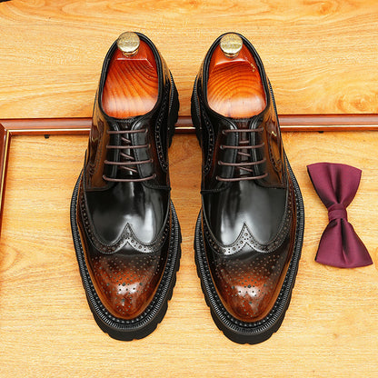 2025 [ Exclusive] Thick-soled glossy leather shoes men's British engraved Brock pointed head heightening business formal men's shoes