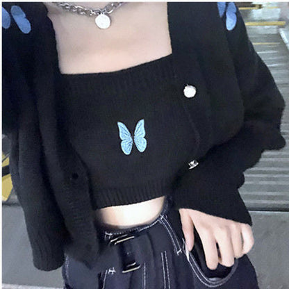 jinran clothes Autumn New Korean Style Preppy Style Butterfly Embroidered Princess Sleeve Short Sling Coat Two-Piece Cardigan for Women