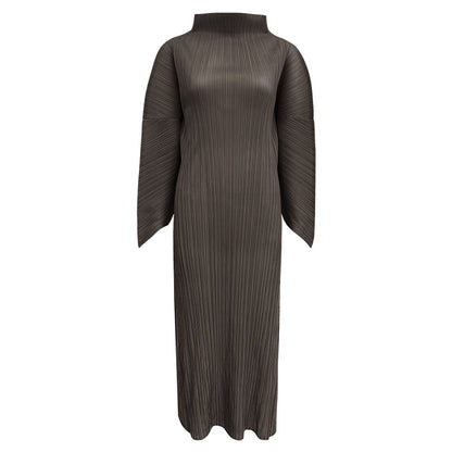 2025 spring temperament turtleneck folding sleeves solid color dress women's medium and long simple loose pleated A-shaped skirt