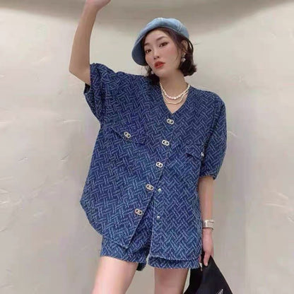 2025 spring and summer new women's clothing temperament design sense denim suit female fat Tibetan meat thin summer loose two-piece set