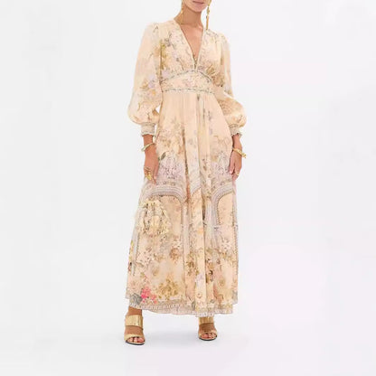 jinran party dresses 2024 New Arrival Hot Fashion Printed Long Sleeve V-neck Girdle Dress