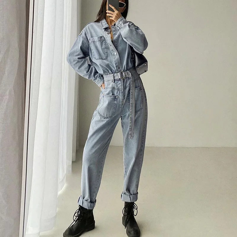 jinran black men fashion urban Casual Jumpsuit Women's Ins Style Fashion Spring Women's Long-Sleeved One-Piece Jeans New