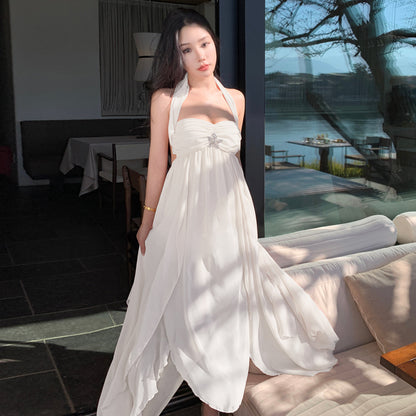 2025 Holiday super fairy long dress dress socialite high sense new neck tube top backless irregular chiffon dress