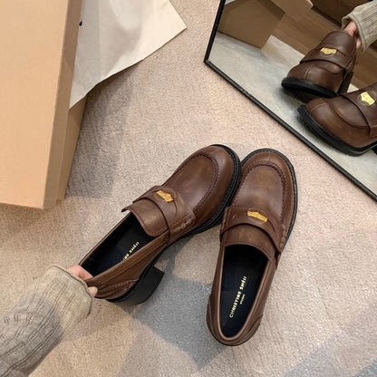 2025 Cowhide version~ Xingshengda shoes British style A miu small gold coins thick heel lazy loafers women's small leather shoes