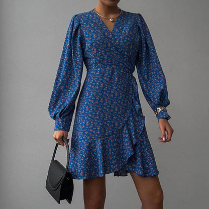 2025 Sexy V-neck bubble sleeve ruffle edge printed strap dress popular  new spring fashion Popular trade women