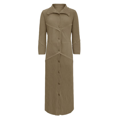 2025 spring new single-breasted long-sleeved lace-up dress medium and long Korean version simple loose pleated A-shaped skirt