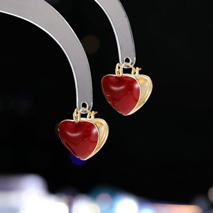 2025 Sweet temperament Ankola red ear buckle Hong Kong style retro heart super fairy girl heart double-sided dripping oil love earrings