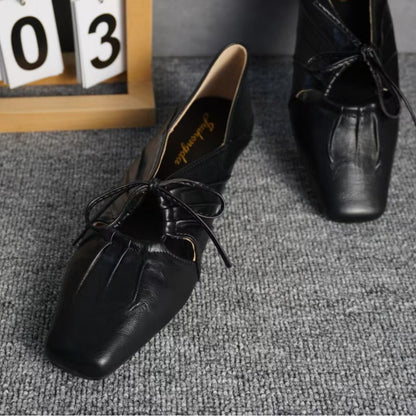 2025 Sheepskin version~ niche design pleated hollow square head Mary Jane shoes  leather bow flat shoes