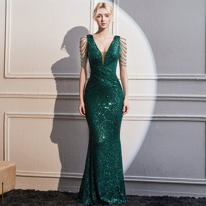 2025 Evening dress, femininity, socialite style, banquet, high-end high-end sense, slim fit, sequins, sparkling long fishtail dress.