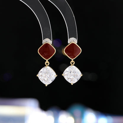 2025 Stylish retro geometric stud earrings autumn and winter simple enamel drip glaze earrings Ankola red sugar cube zircon earrings