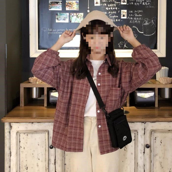 jinran 90s streetwear Plaid Shirt Chic Korean Style Loose Autumn New Preppy Style Lantern Sleeve Mid-Length Lapel Women's Shirt Fashion