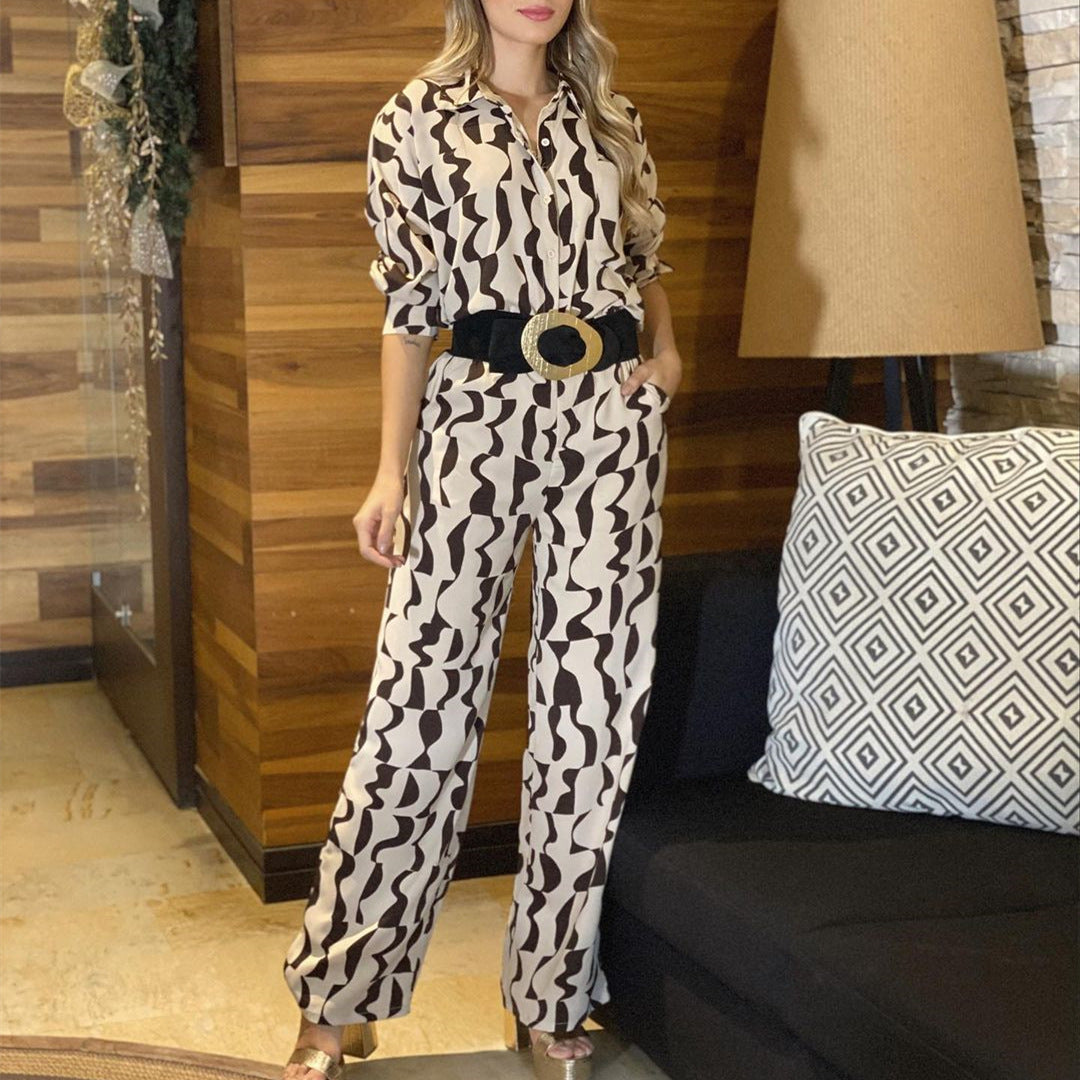 jinran 2024 fall fashion trends New Women's Fashion Printed Lapel Long Sleeve Casual Style Shirt High Waist Straight Pants Suit