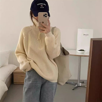 jinran mens fashion Korean Style Half Zipper Sweater Women's Autumn and Winter New Style Pit Design Sense Stand Collar Soft Glutinous Loose Outer Wear Sweater Top