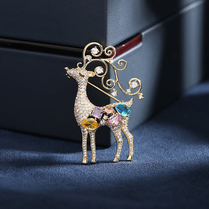 2025 Micro-inlaid colorful zircon inlaid niche design sense has your blazer corsage Christmas elk brooch all the way