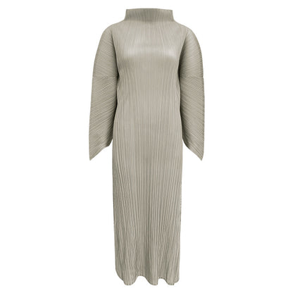 2025 spring temperament turtleneck folding sleeves solid color dress women's medium and long simple loose pleated A-shaped skirt