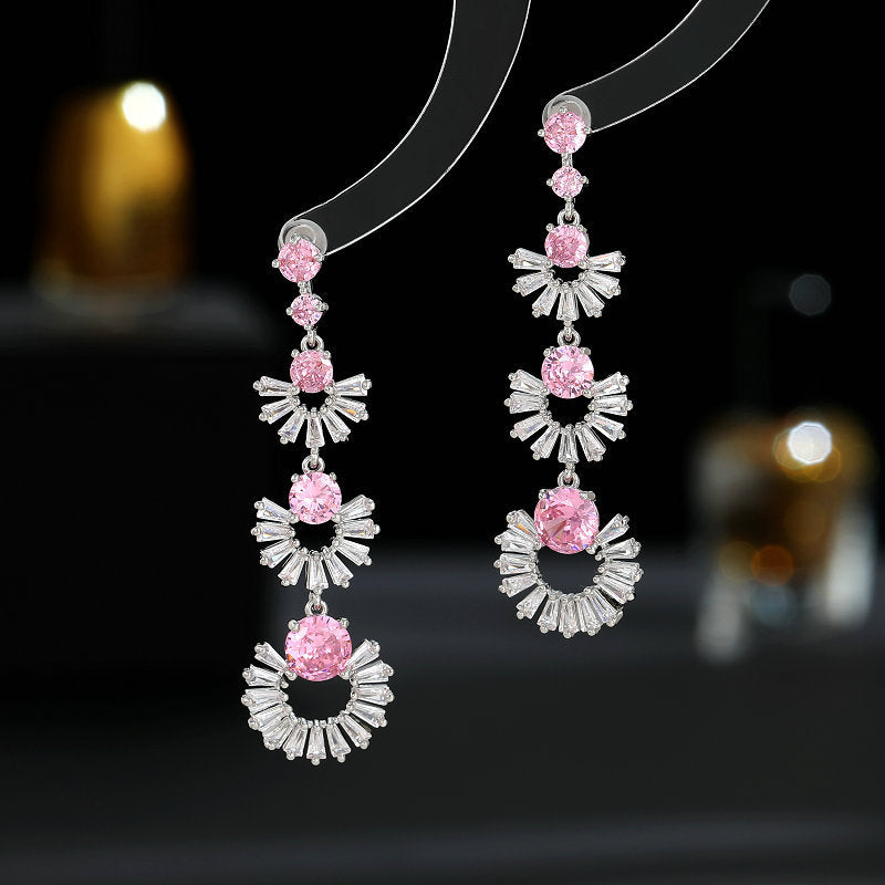 2025 Cross-border Korean earrings for women light luxury colored zirconium retro 925 silver earrings round face slim long geometric fan-shaped earrings