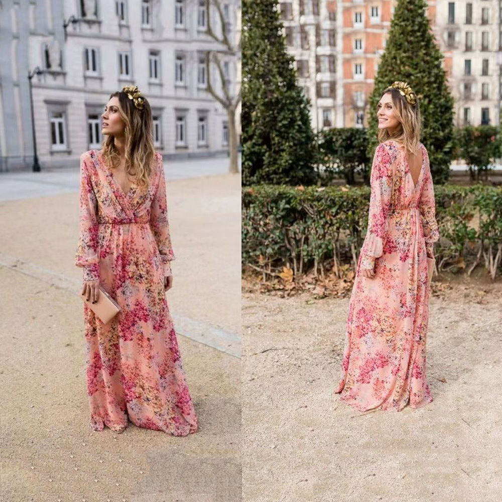 2025 Cross-border Summer New Women's Skirt Skinny Dress Sexy Neck Lace Printed Waist Pendulum Dress
