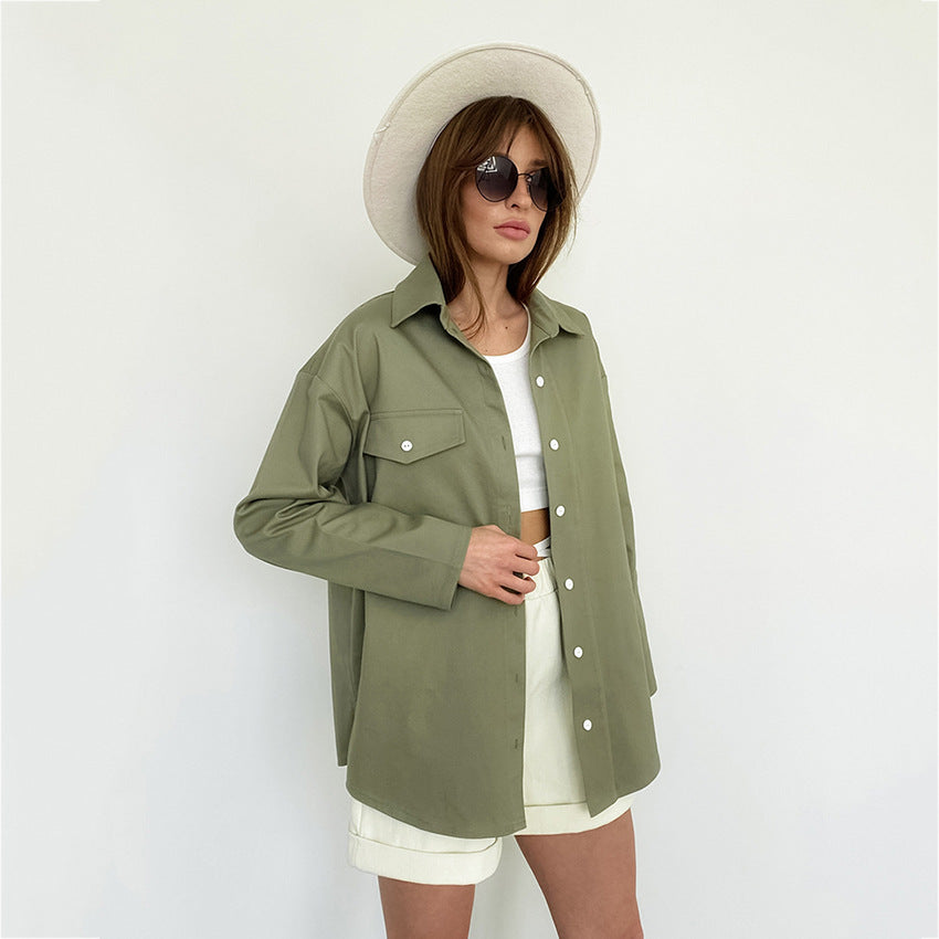 jinran social worker outfits New American Retro Green Workwear Shirt Women's Design Loose Long Sleeve Shirt Cardigan Jacket Coat