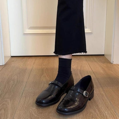 2025 Sheepskin version~ row style retro low-heeled small leather shoes women's one-pedal belt buckle leather loafers new small single shoes