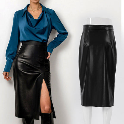 jinran work outfits women 2024 Spring and Autumn New Women's Leather Skirt Casual Split High Waist Skirt Hot Selling