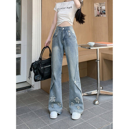 jinran y2k 2024 Retro Star Patch Jeans Women's High Waist Design Sense Niche Slimming Straight Skinny Pants