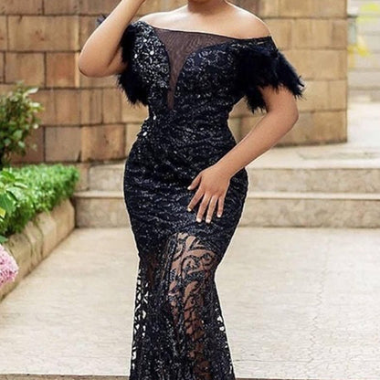 2025 new New 2025 women's clothing  dress one-word shoulder sequins slim-fitting buttocks mermaid evening dress