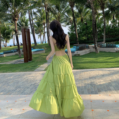 2025 New seaside vacation dress sexy niche retro  coffee break pleated hollow temperament suspender long dress women