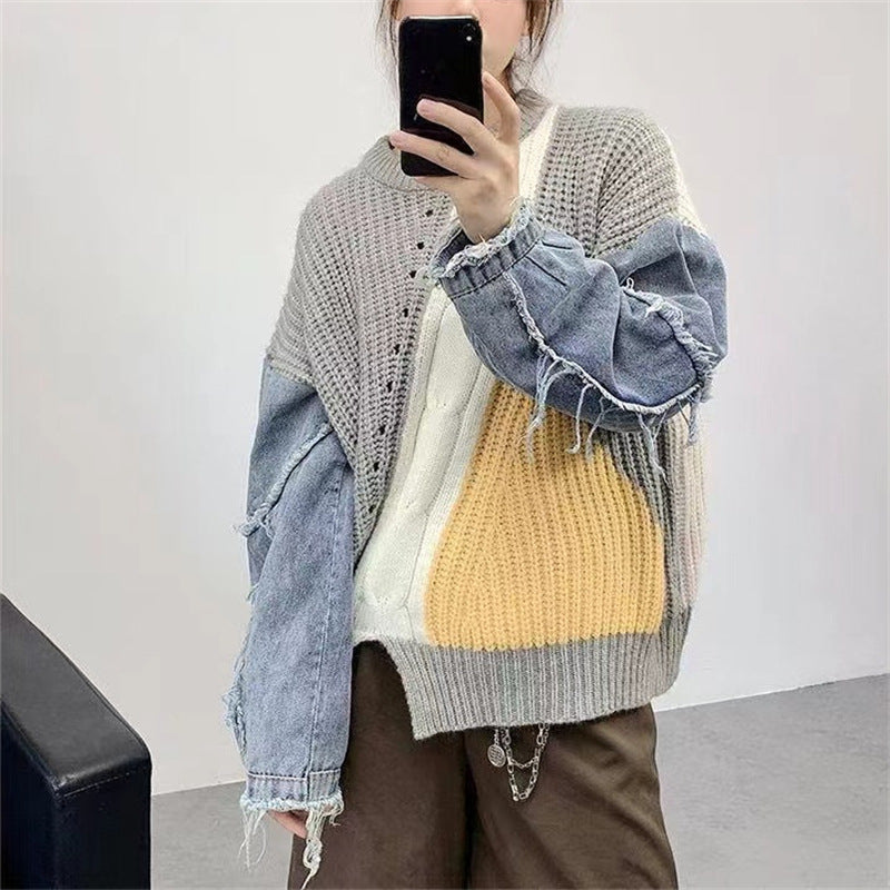 jinran 2024 fall fashion trends Denim Stitching Twist New Sweater Women's Spring and Autumn Pullover Top Slimming Temperament Loose Sweater Women's Clothing