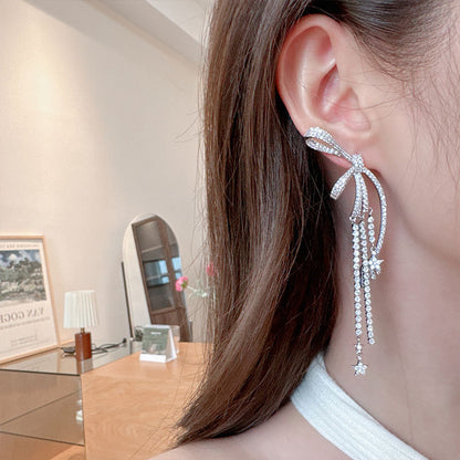 2025 Diamond bow tassel earrings for women  luxury long earrings personality exaggerated atmosphere heavy earrings wholesale