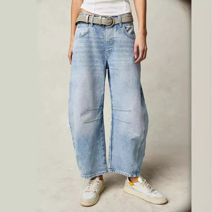 jinran 2024 fall fashion trends Casual Women's Loose Wide-Leg Pants Mid-Low Waist Washed Denim Trousers